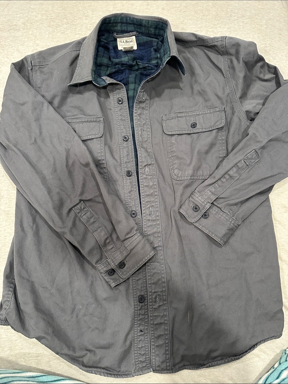 L.L. Bean Men's Charcoal Gray Button-Up Shirt Jacket with Plaid Lining